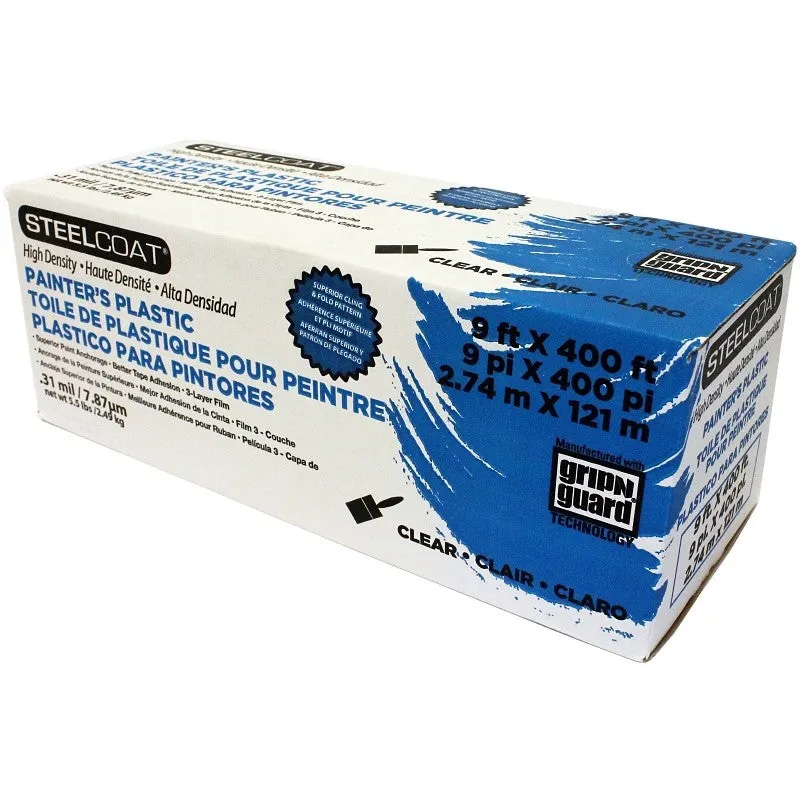 Steelcoat FG-P9941-06D High-Density Painter’s Masking Film, 400 ft L, 9 ft W, 0.31 mil Thick, Plastic, Clear