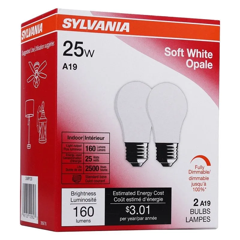 Sylvania 10562 Incandescent Bulb, 25 W, A19 Lamp, Medium Lamp Base, 160 Lumens, 2850 K Color Temp, Soft White Light (Pack of 12)