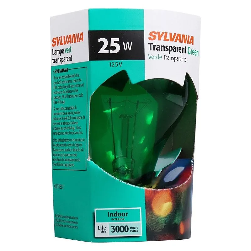 Sylvania 11714 Incandescent Bulb, C-9 Filament, Green Lamp, 2.375 in Dia x 3.938 in L Dimensions, 25 W, A19 Lamp (Pack of 6)