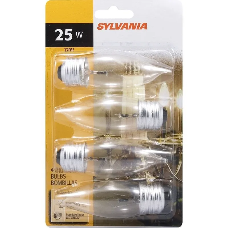Sylvania 13654 Incandescent Lamp, C-7A Filament, Clear Lamp, 1.25 in Dia x 3.813 in L Dimensions, 25 W, B10 Lamp, 120 V (Pack of 6)