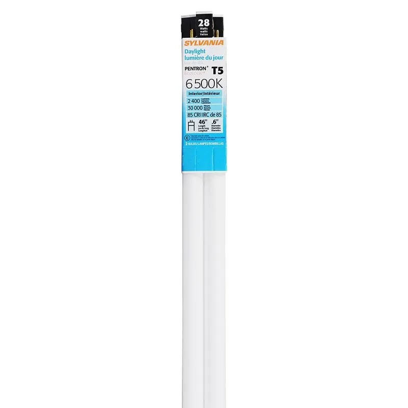 Sylvania 20061 Fluorescent Bulb, 28 W, T5 Lamp, Miniature G5 Lamp Base, 2550 Lumens, 6500 K Color Temp (Pack of 12)