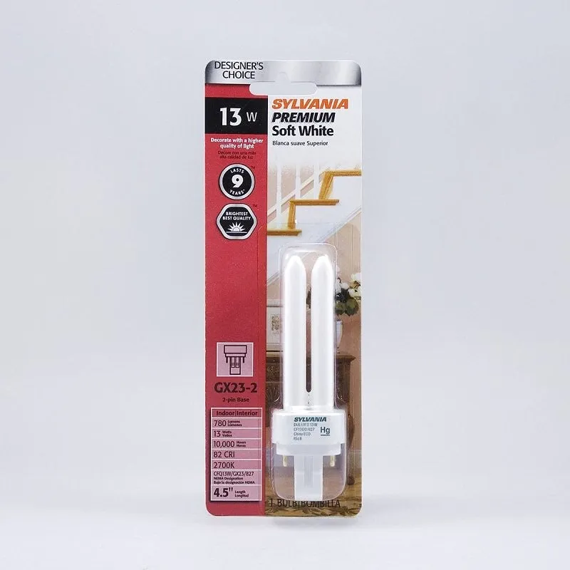 Sylvania 20480 Compact Fluorescent Bulb, 13 W, T4 Lamp, GX23 Lamp Base, 671 Lumens, 2700 K Color Temp, Soft White Light