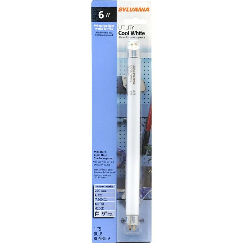 Sylvania 20619 Fluorescent Bulb, 6 W, T5 Lamp, Miniature G5 Lamp Base, 270 Lumens, 4200 K Color Temp, Cool White Light (Pack of 6)