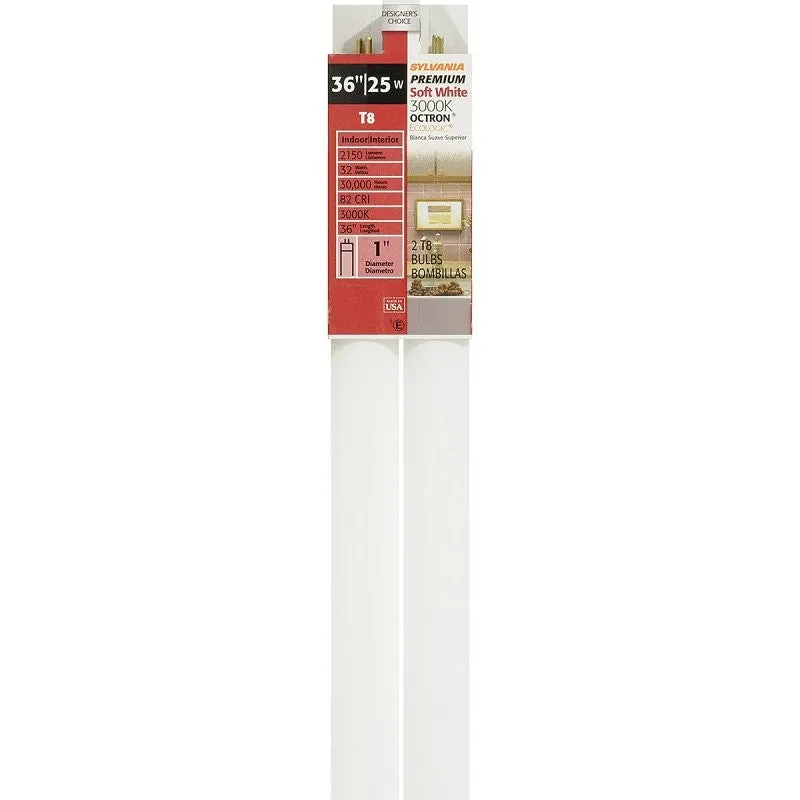 Sylvania 22363 Fluorescent Bulb, 25 W, T8 Lamp, Medium G13 Lamp Base, 2150 Lumens, 3000 K Color Temp, Warm White Light (Pack of 12)
