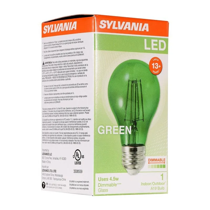 Sylvania 40303 Ultra LED Bulb, General Purpose, A19 Lamp, E26 Lamp Base, Dimmable, Green, Colored Light (Pack of 6)