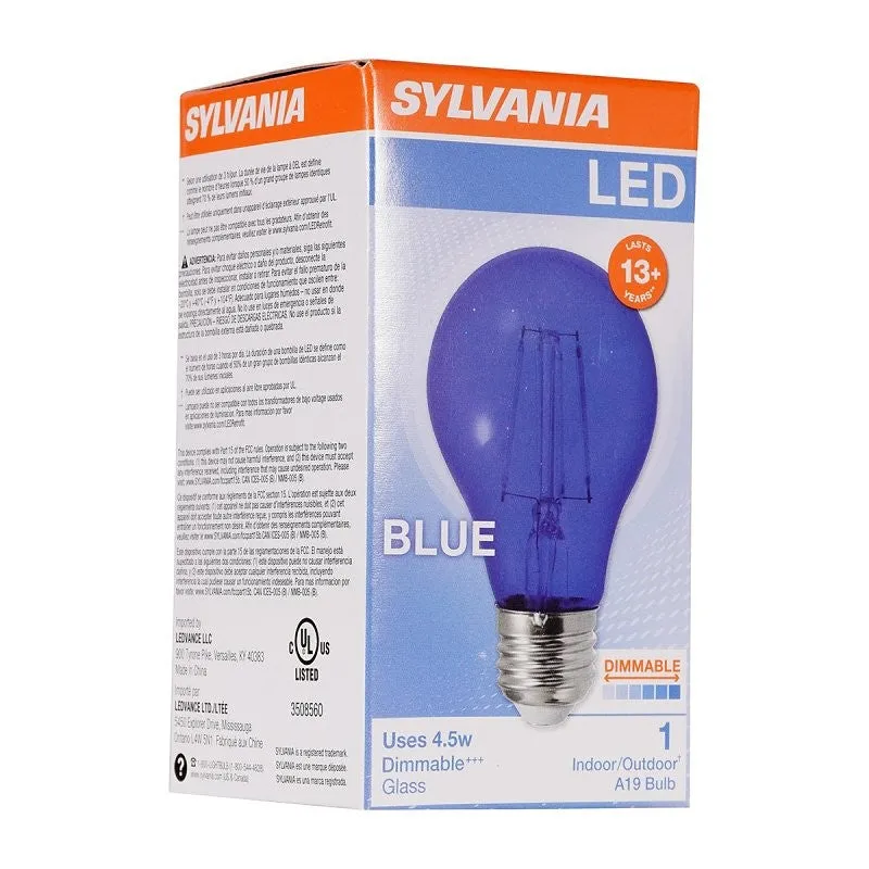 Sylvania 40304 Ultra LED Bulb, General Purpose, A19 Lamp, E26 Lamp Base, Dimmable, Blue, Colored Light (Pack of 6)