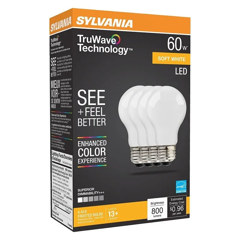 Sylvania 40670 LED Bulb, General Purpose, 120 V, 800 Lumens, 8 W, A19 Lamp, E26 Lamp Base, Dimmable, Frosted, Soft White