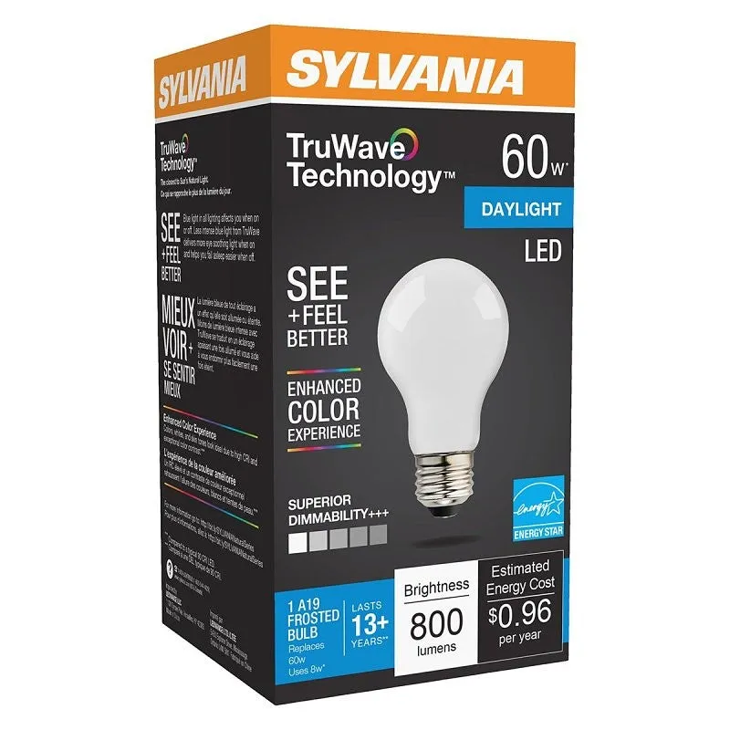 Sylvania 40673 LED Bulb, General Purpose, 8 W, A19 Lamp, E26 Lamp Base, Dimmable, Daylight, 5000 K Color Temp (Pack of 6)