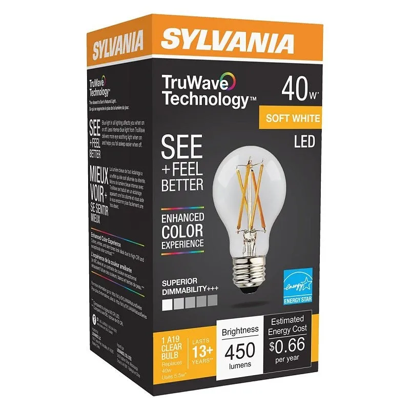 Sylvania 40699 LED Light Bulb, General Purpose, A19 Lamp, Dimmable, Clear, Soft White Light, 2700 K Color Temp (Pack of 6)