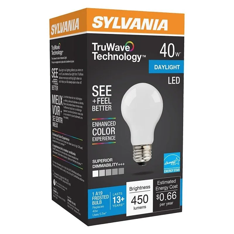 Sylvania 40725 LED Bulb, General Purpose, 450 Lumens, 5.5 W, A19 Lamp, E26 Lamp Base, Dimmable, Daylight (Pack of 6)
