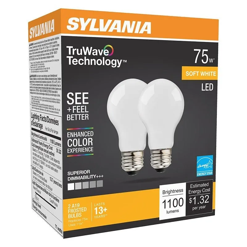 Sylvania 40750 Natural LED Bulb, General Purpose, A19 Lamp, 75 W Equivalent, E26 Lamp Base, Dimmable, Frosted