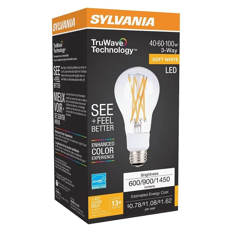 Sylvania 40769 Natural LED Bulb, 3-Way, A21 Lamp, 100 W Equivalent, E26 Lamp Base, Dimmable, Clear, Soft White Light