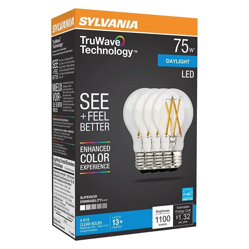 Sylvania 40803 Natural LED Bulb, 120 V, 1100 Lumens, 11 W, A19 Lamp, 75 W Equivalent, E26 Lamp Base, Dimmable