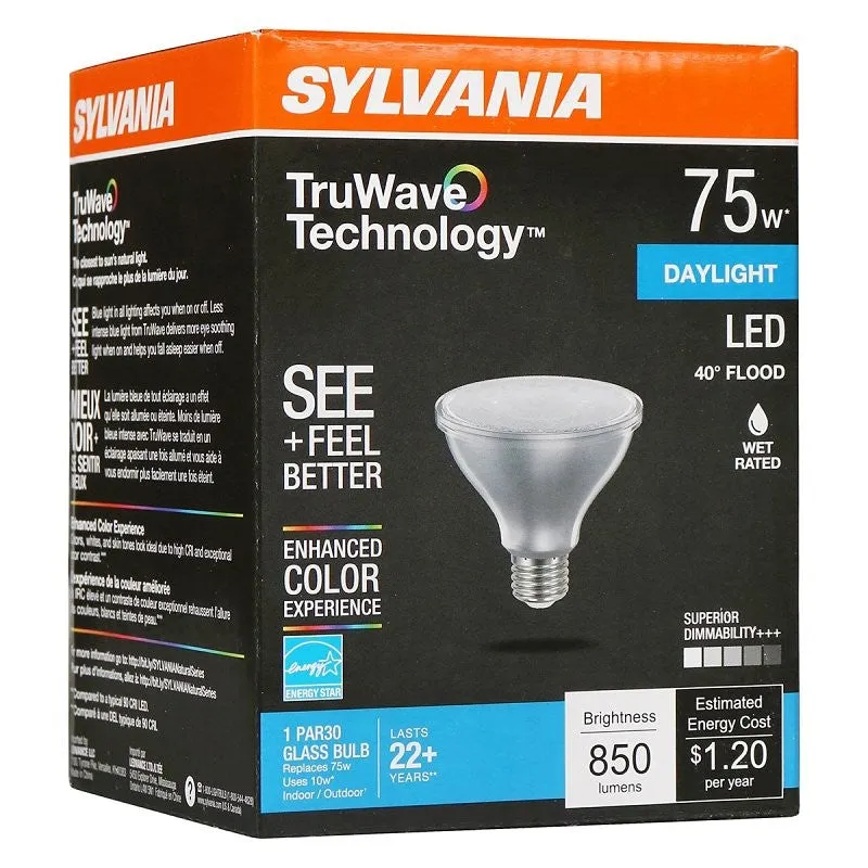 Sylvania 40917 Natural LED Bulb, Spotlight, 850 Lumens, 10 W, PAR30 Lamp, E26 Lamp Base, Dimmable, Clear, Daylight