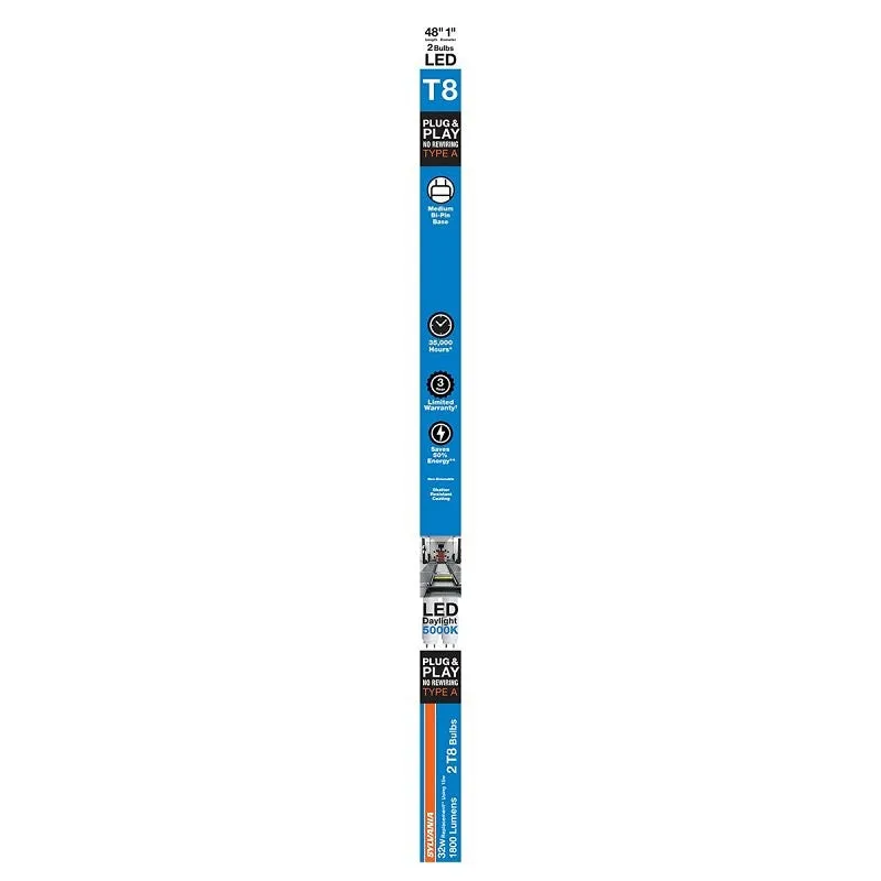 Sylvania 41096 LED Bulb, Linear, Type A Replacement, 1800 Lumens, 15 W, T8 Lamp, G13 Medium Bi-Pin Lamp Base, Frosted
