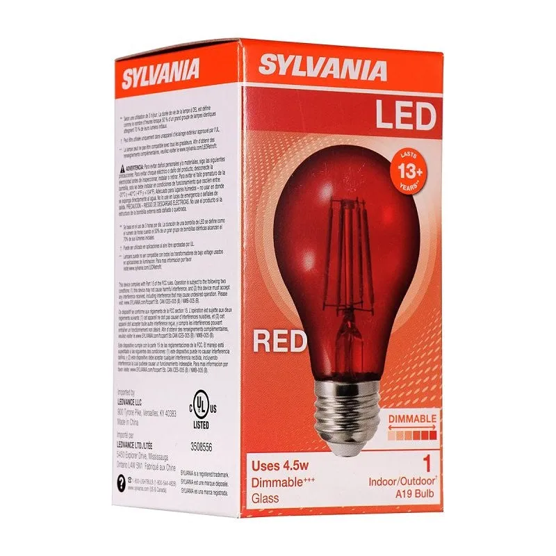 Sylvania LED4.5A19DIMREDGLRP Ultra LED Bulb, General Purpose, A19 Lamp, E26 Lamp Base, Dimmable, Red (Pack of 6)