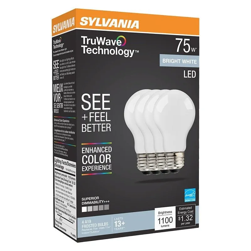 Sylvania Natural 41297 LED Bulb, A19 Lamp, 75 W Equivalent, E26 Medium Lamp Base, Dimmable, Frosted