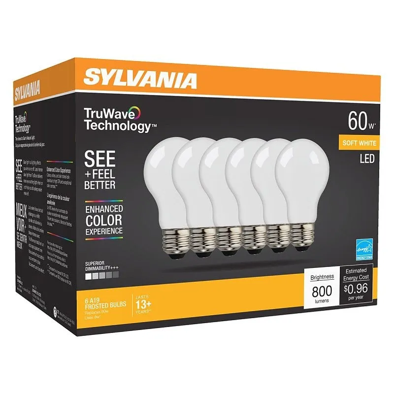 Sylvania TruWave Series 40748 LED Bulb A19 Lamp, A19 Lamp, E26 Medium Lamp Base, Dimmable, Frosted, 2700 K Color Temp