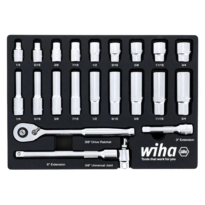 WIHA 33796 22 Piece 3/8â€ Drive Professional Standard and Deep Socket Tray Set – SAE
