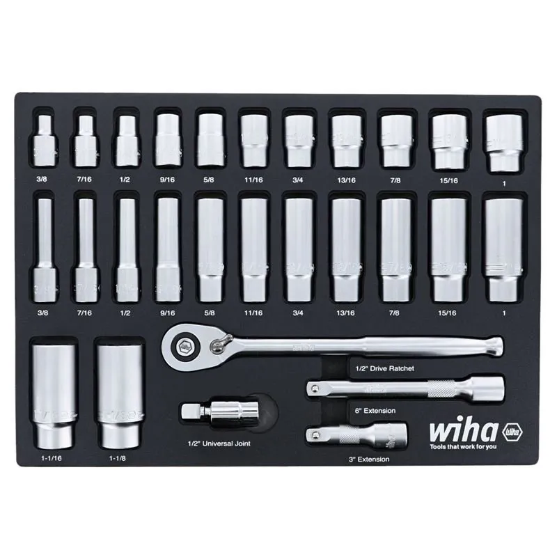 WIHA 33896 28 Piece 1/2â€ Drive Professional Standard and Deep Socket Tray Set – SAE