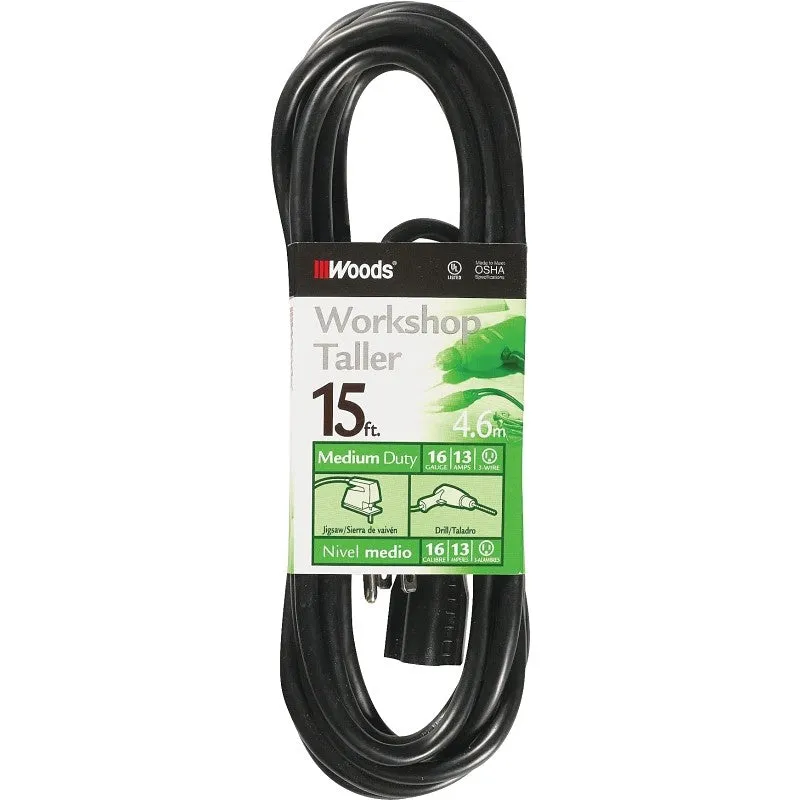 Woods 990261 Extension Cord, 16 AWG Cable, 15 ft L, 13 A, 125 V, Black