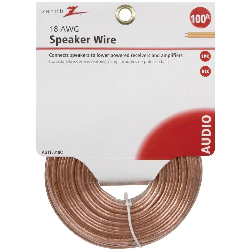 Zenith AS110018C Speaker Wire, 18 AWG Wire, PVC Sheath, Clear Sheath, 100 ft L