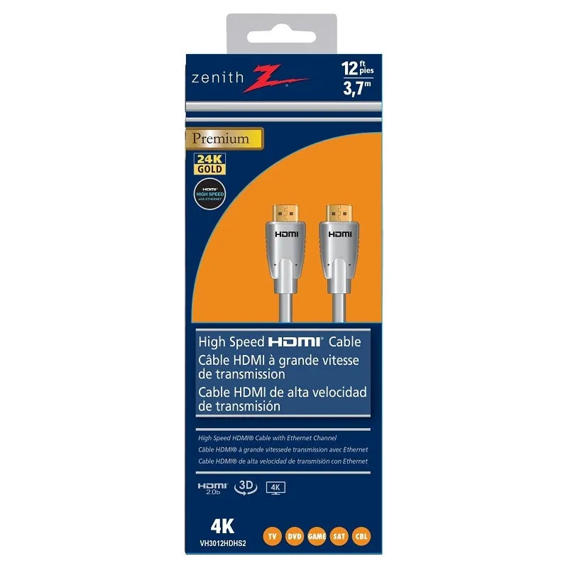 Zenith VH3012HDHS2 HDMI Cable with Ethernet, Black Sheath, 12 ft L
